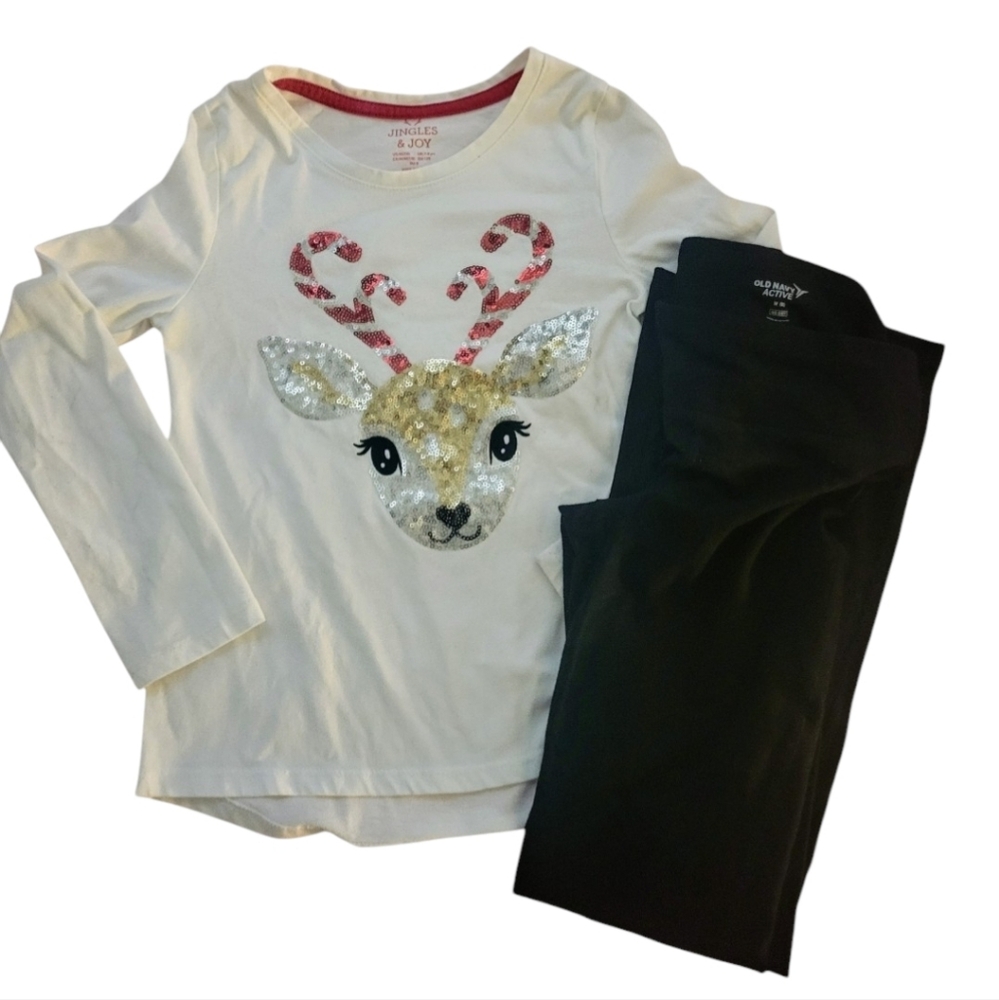 2-Piece Girl Jingles & Joy Reindeer Long Sleeve(7/8)Old Navy Flared Leggings (8)